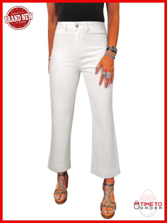Denim - High Waisted Stretch Denim Wide Leg Jeans with Pockets